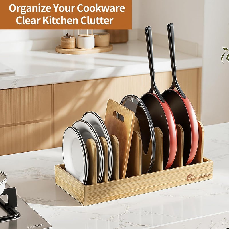 Housolution Bamboo Pot and Pan Organizer for Cabinet, Pot Lid Organizer with 7 Adjustable Dividers, Pan Holder Storage Rack with Solid Bamboo Wooden Base - Image 3